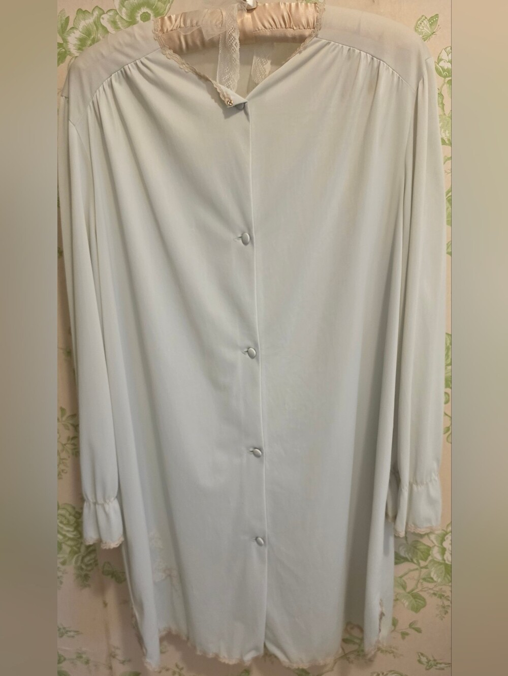 GREEN PASTEL NYLON VANITY FAIR GOWN OR ROBE WITH TINY FLORAL LACE VINTAGE